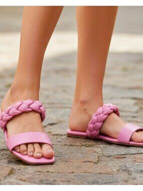 Braided Strap Pink Flat Sandals For Women Comfortable Square Toe Slip-On Design